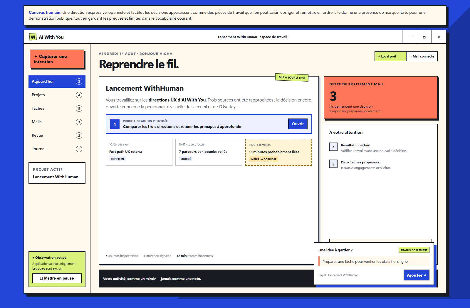 Maquette de l’interface AI With You avec navigation latérale, projet WithHuman, prochaine action et éléments requérant l’attention